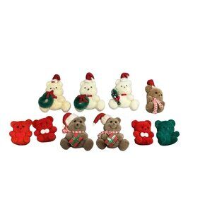 Vintage Mini Flocked Teddy Bears Set of 10 Christmas Miniature Dollhouse Crafts